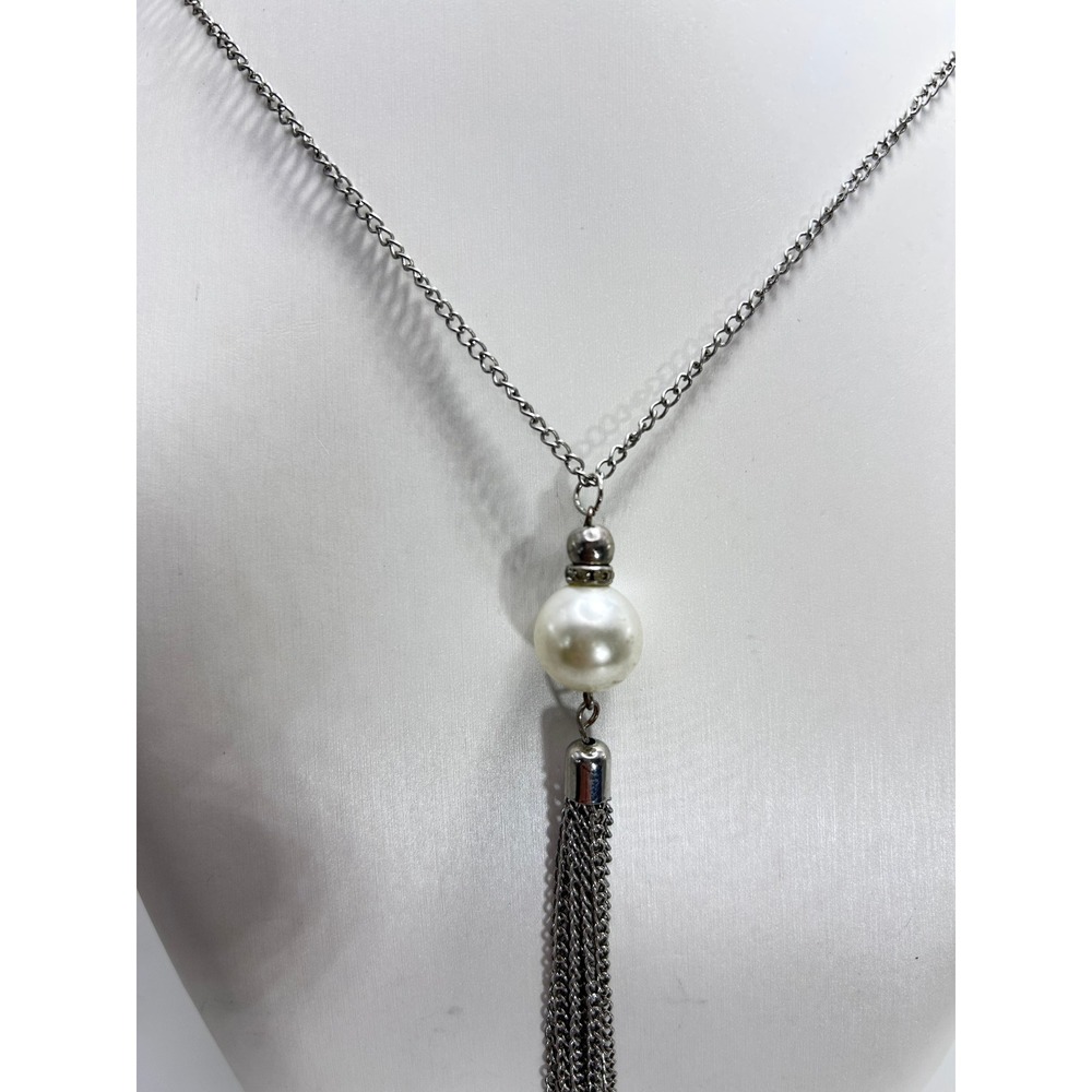 Silver Tone Tassel Necklace with Genuine Pearl and Crystal Accent Long Chain